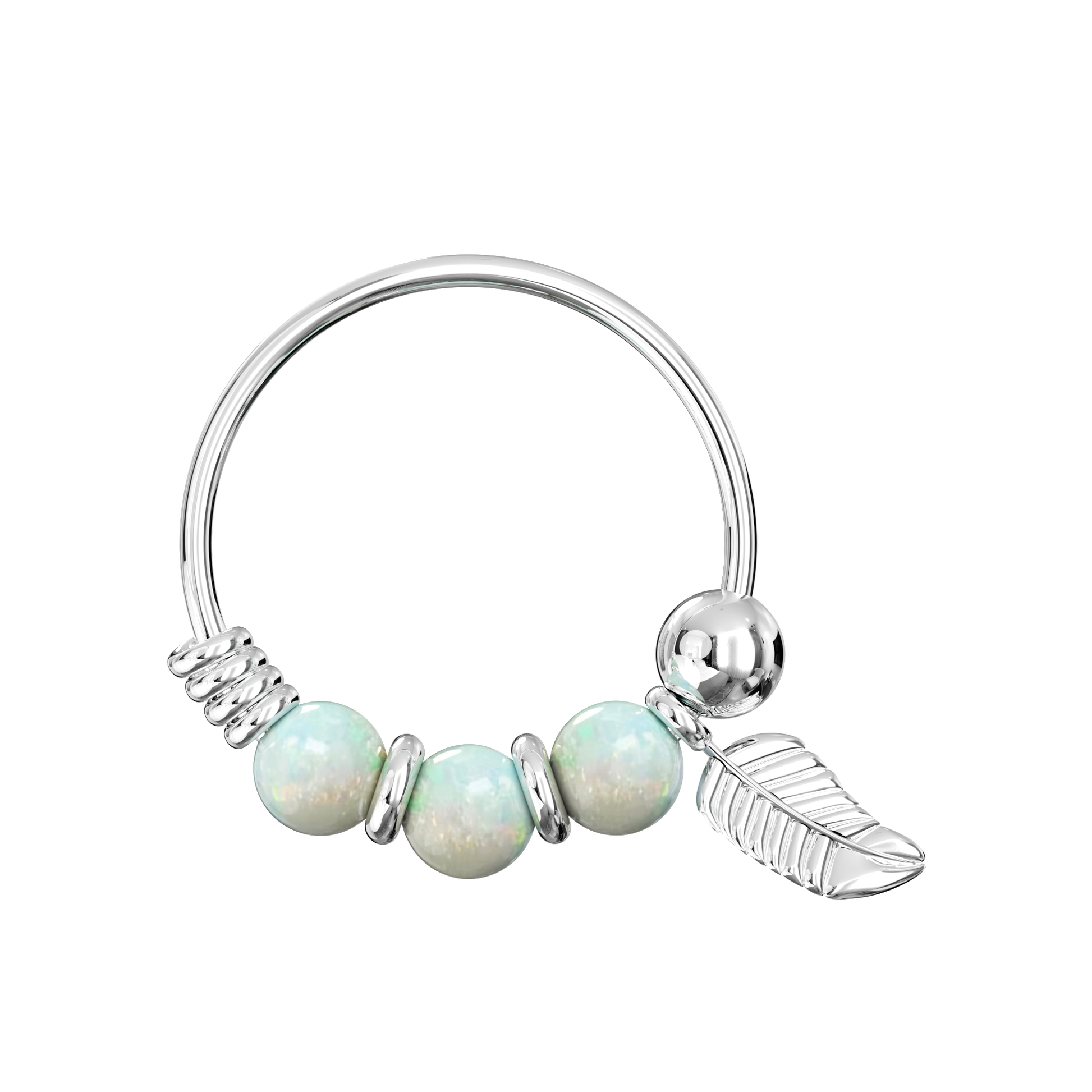925 Sterling Silver Opal Bead with Leaf Charm Nose Hoop Ring - Monster Piercing