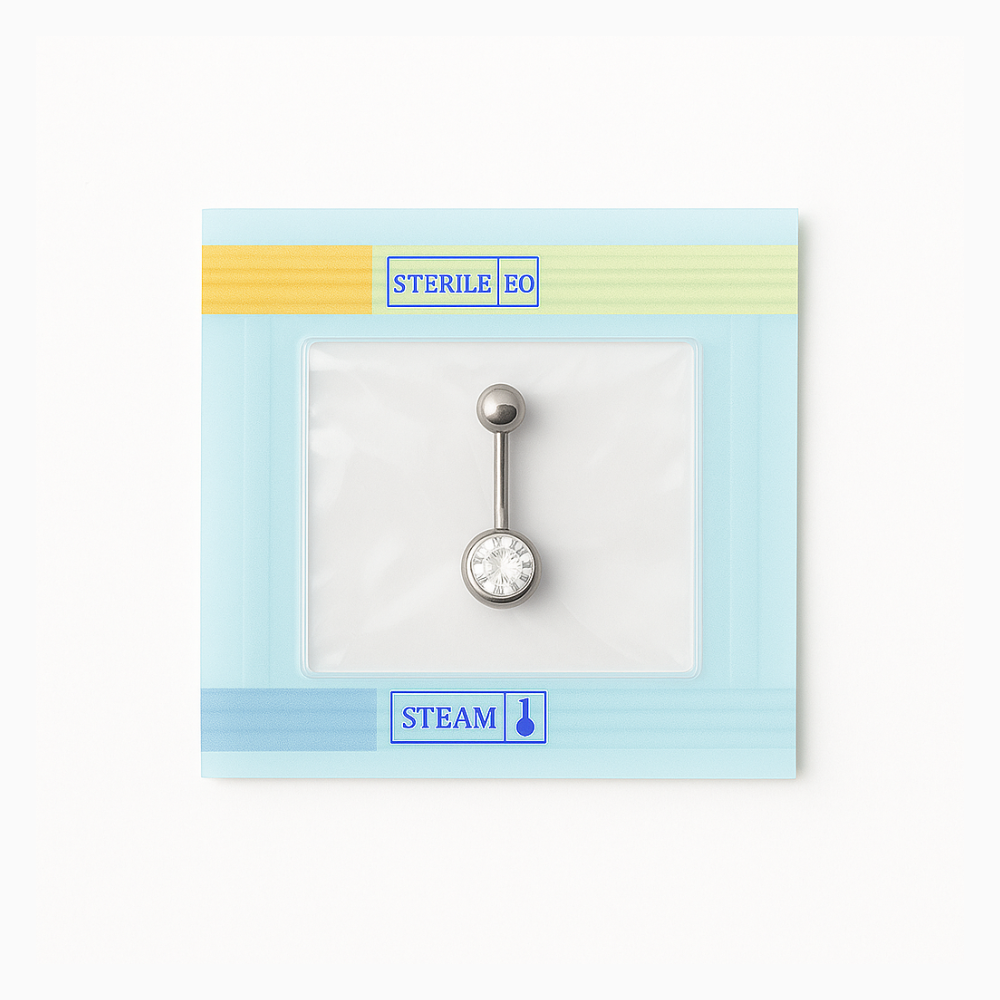 EO Gas Sterilised 316L Surgical Steel Single CZ Jewelled Belly Ring 8mm 10mm 12mm