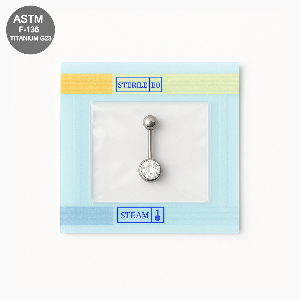 EO Gas Sterilised G23 Titanium Single CZ Jewelled Belly Ring 8mm 10mm 12mm