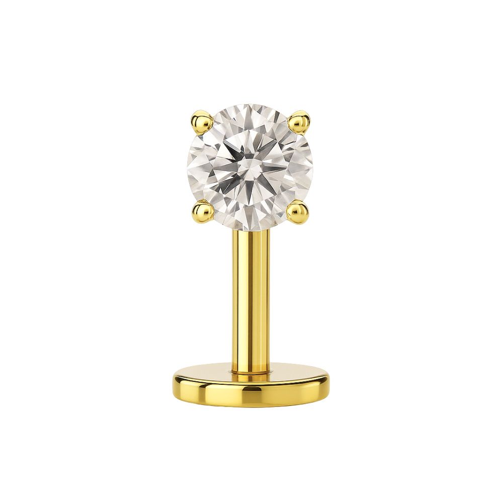 G23 titanium round CZ jewelled threadless floating belly ring in gold with a brilliant-cut crystal, ideal for hypoallergenic body piercings.