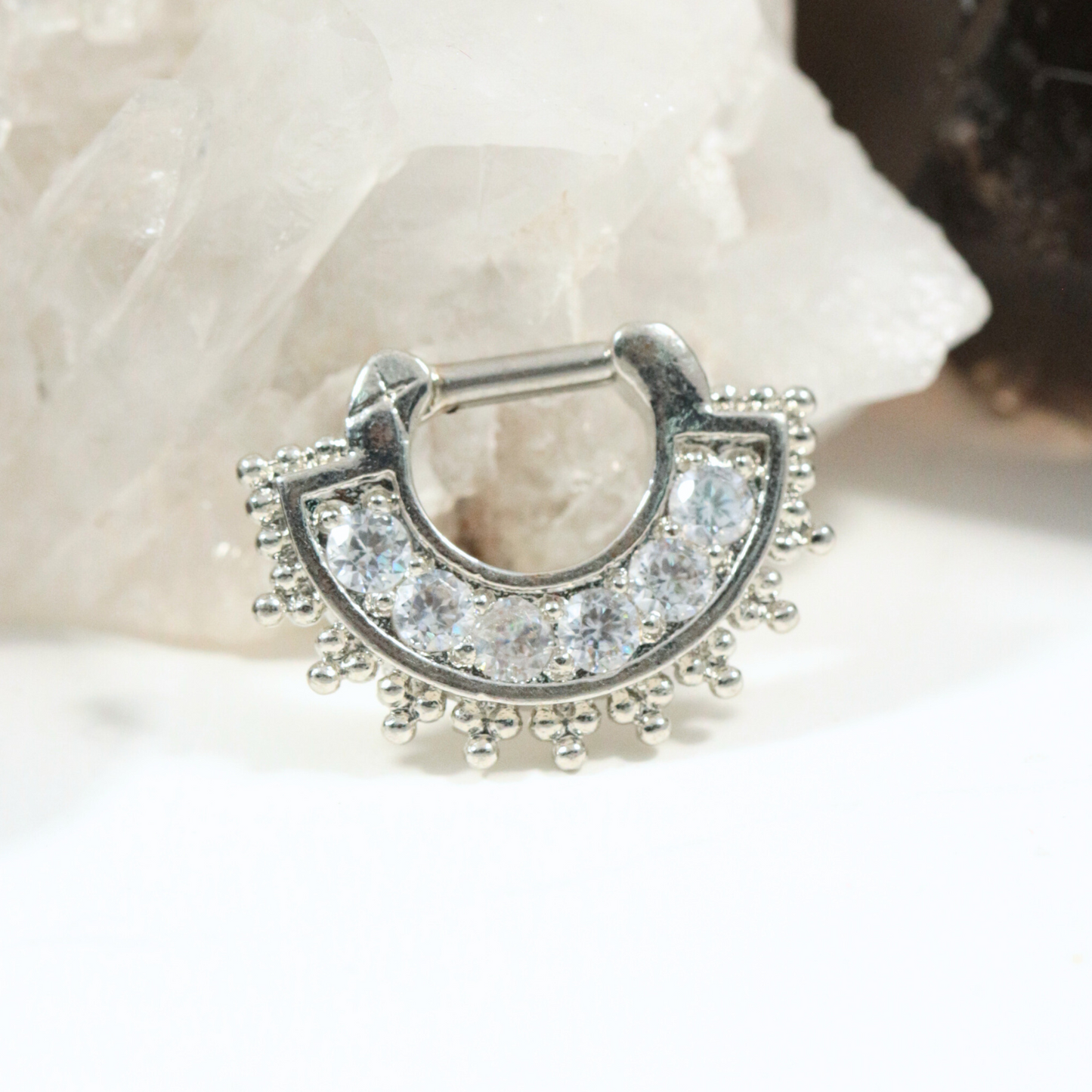 316L Surgical Steel Tribal Dots & Sparkling Round Cubic Zirconia Septum Clicker Ring - Monster Piercing