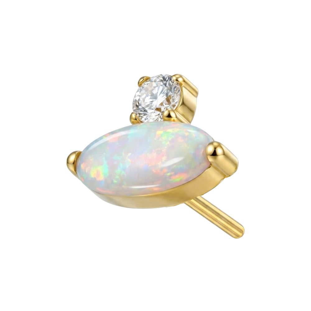 Gold G23 Titanium Threadless Top with white opal and CZ, crafted for a luxurious and secure fit in various body piercings.