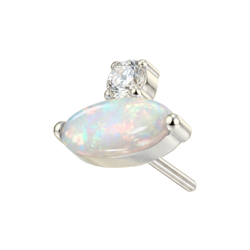 Silver G23 Titanium Threadless Top with white opal and CZ gem, offering a sleek and elegant look for tragus or labret piercings.