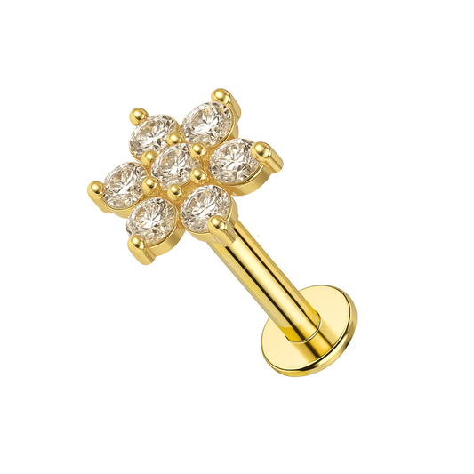 14K Gold Round CZ Jewelled Narcissus Flower Internal Thread Labret with Flatback Stud - Monster Piercing