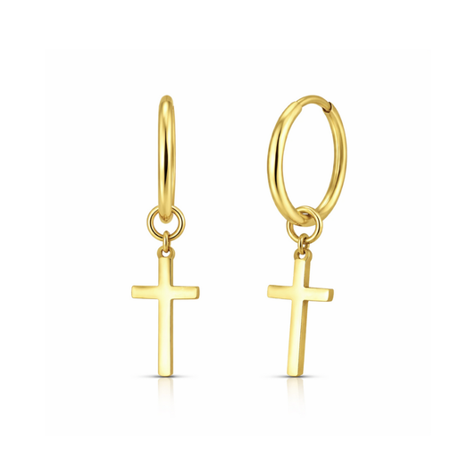 316L Surgical Steel CZ Jewelled Dangling Cross Hinged Earring Pair