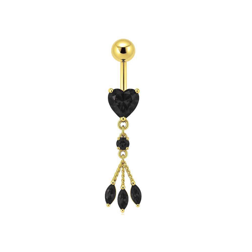 Sterling Silver Heart Belly Ring – Elegant Shine in gold with black heart and dangling marquise stones, ideal for bold body jewelry style.