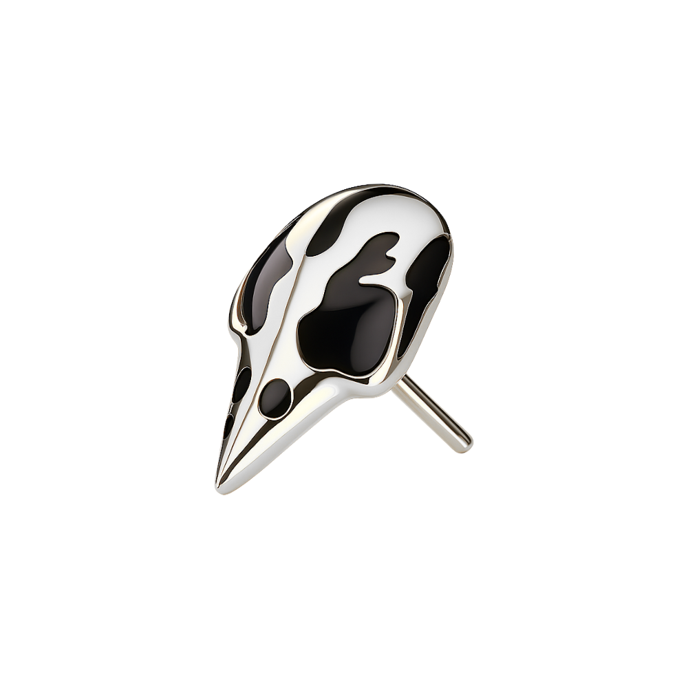 G23 Titanium Raven Skull Top in silver with black and white enamel, threadless fit for helix or labret piercings. Gothic accessory for men.