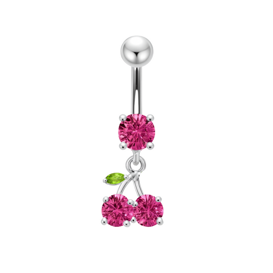 925 Sterling Silver Cherry Jewelled Fancy Dangling Belly Ring With SS Bar - Monster Piercing