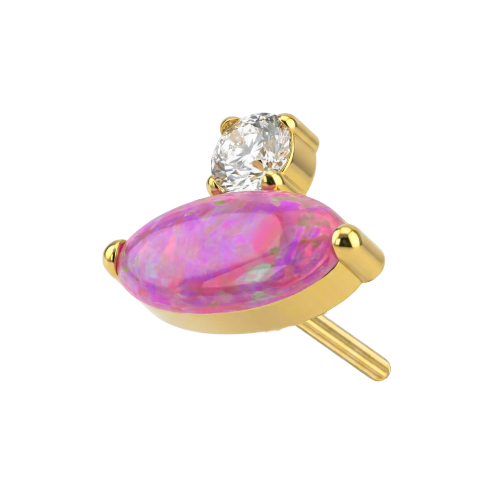 Gold G23 Titanium Threadless Top featuring pink oval opal and CZ jewel, perfect for adding color and sparkle to body jewelry collections.