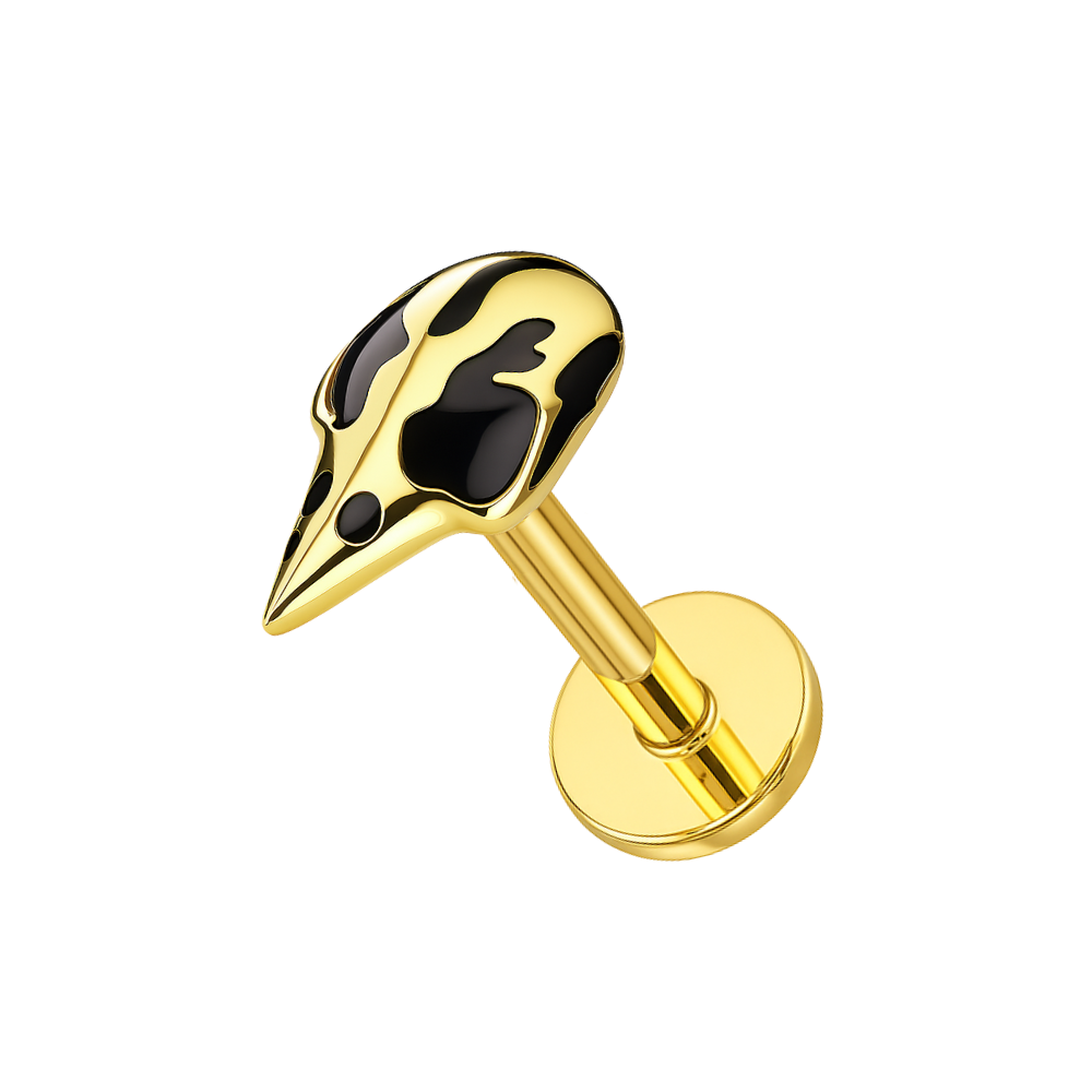 Gold-tone G23 Titanium Raven Skull Flatback Stud with black enamel accents, ideal for helix or labret piercings, push-fit secure style.
