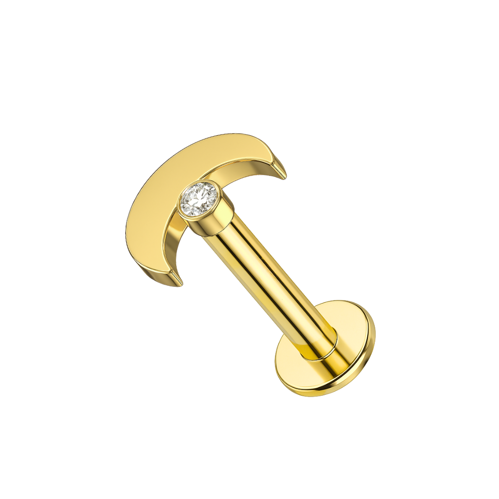 14K Gold Cubic Zirconia Jewelled Crescent Top With Internal Thread Base Labret - Monster Piercing