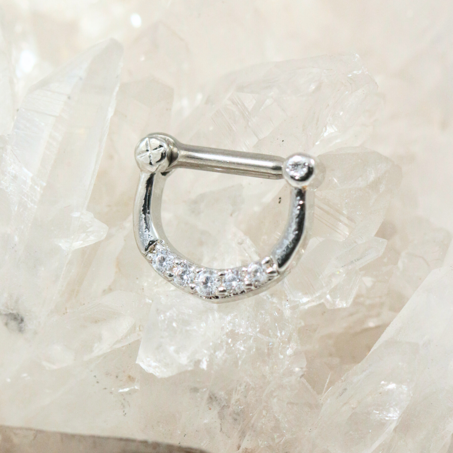 316L Surgical Steel Round Cubic Zirconia in Micro Setting Septum Clicker Ring - Monster Piercing