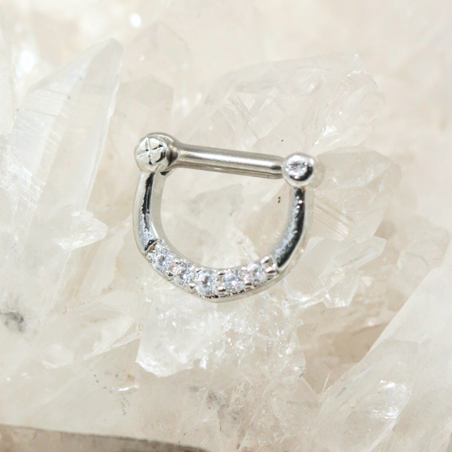 316L Surgical Steel Round Cubic Zirconia in Micro Setting Septum Clicker Ring - Monster Piercing