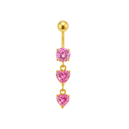 925 Sterling Silver Heart CZ Dangle Belly Ring with gold-tone finish and three pink cubic zirconia hearts, ideal for romantic body jewelry looks.