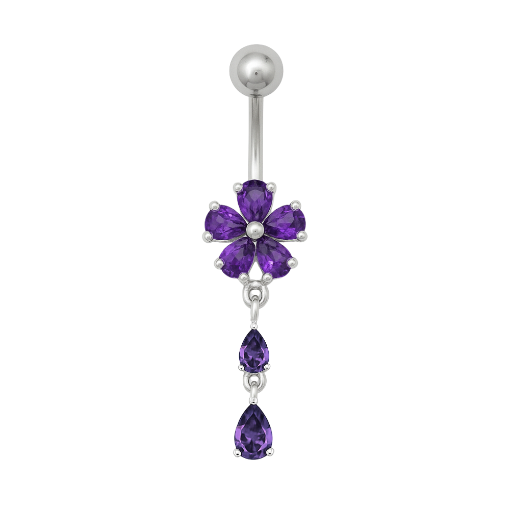 925 Sterling Silver Fancy Jewelled Flower With SS Bar Navel Ring - Monster Piercing
