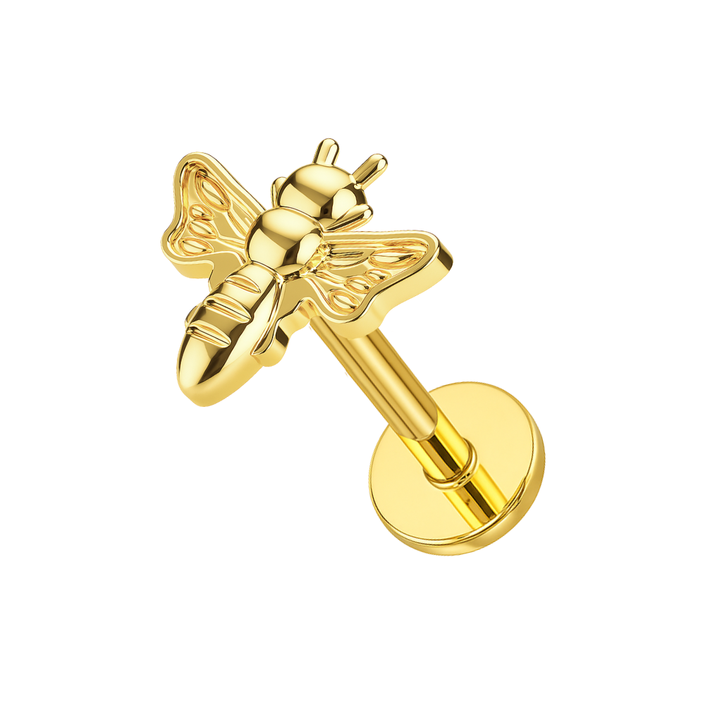 Gold CZ Bee Flatback Stud in G23 Titanium with threadless push-fit design, ideal for cartilage, tragus, and helix piercings.