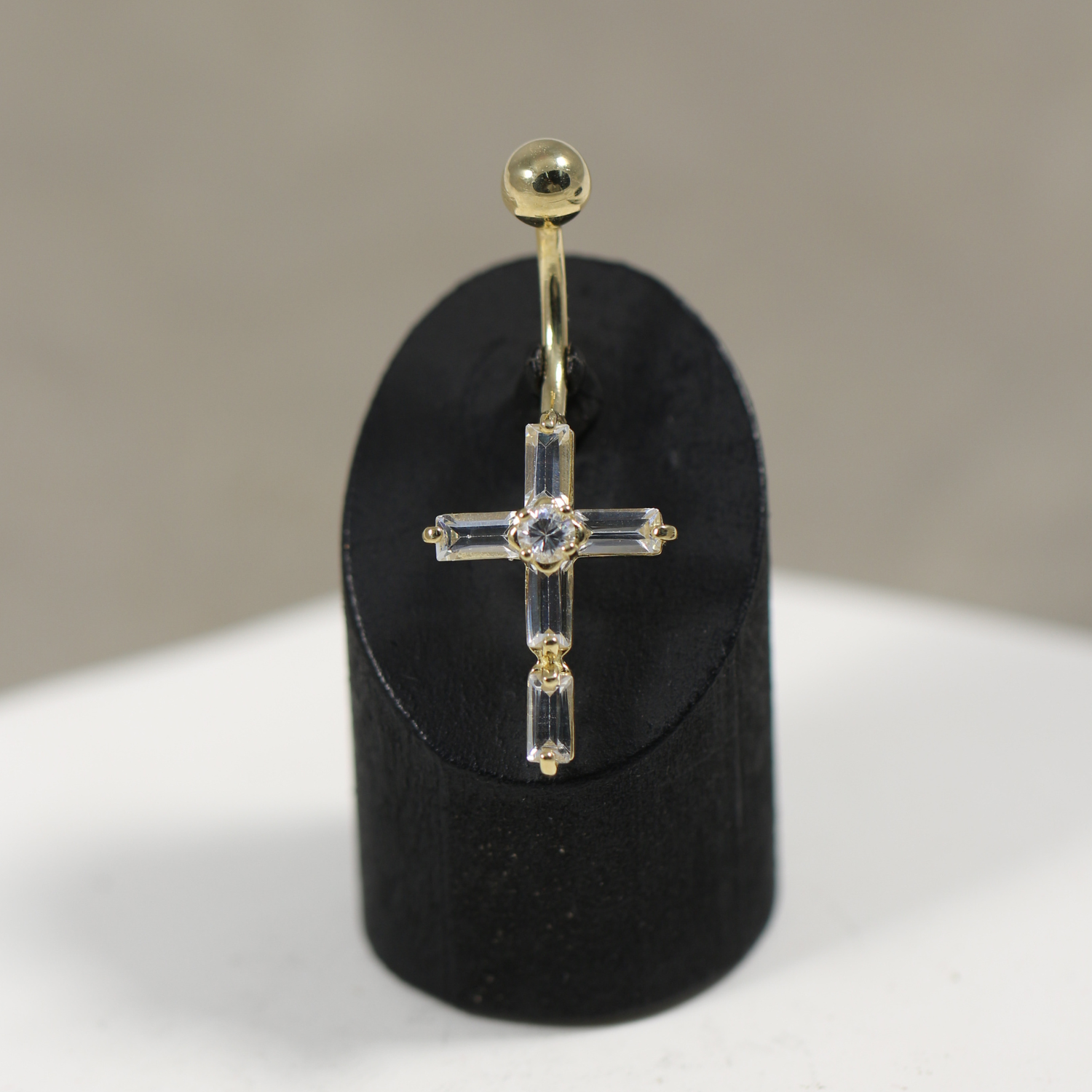 14K Gold Dangling Gemstone Cross Belly Ring - Monster Piercing