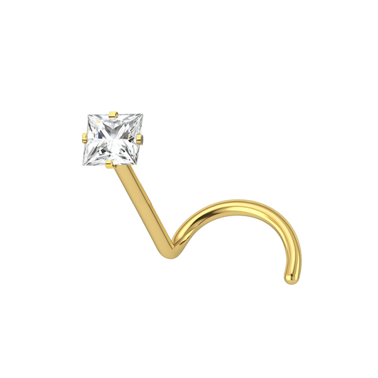 14K Gold Square CZ Jewelled Nose Screw - Monster Piercing