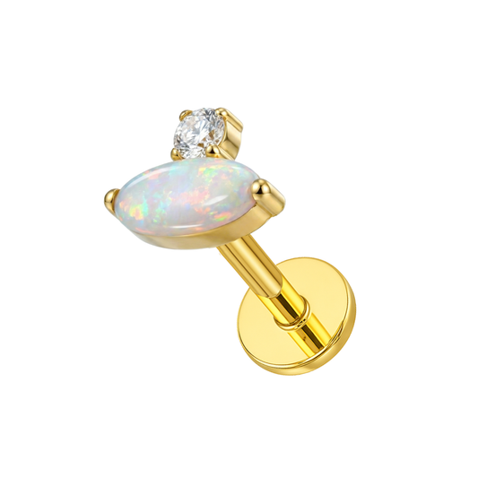 Oval Opal & CZ Threadless Stud — G23 Titanium in gold with white opal and cubic zirconia, ideal for cartilage or tragus piercings.