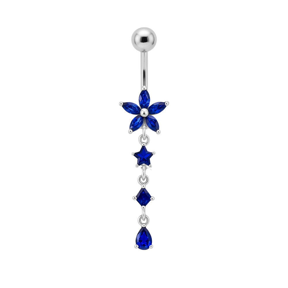925 Sterling Silver Flower and Star Dangling Belly Ring