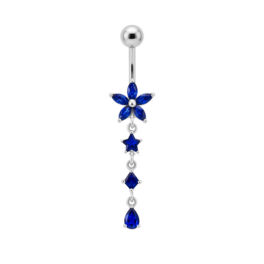 925 Sterling Silver Flower and Star Dangling Belly Ring