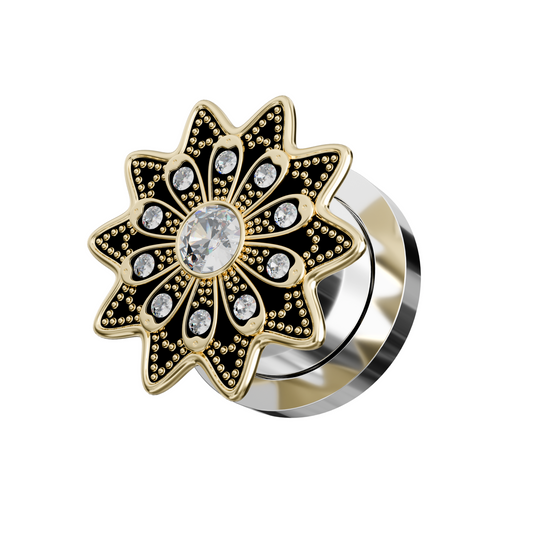 316L Surgical Steel Oxidised Flower Micro Jewelled CZ Stone Ear Flesh Tunnel - Monster Piercing