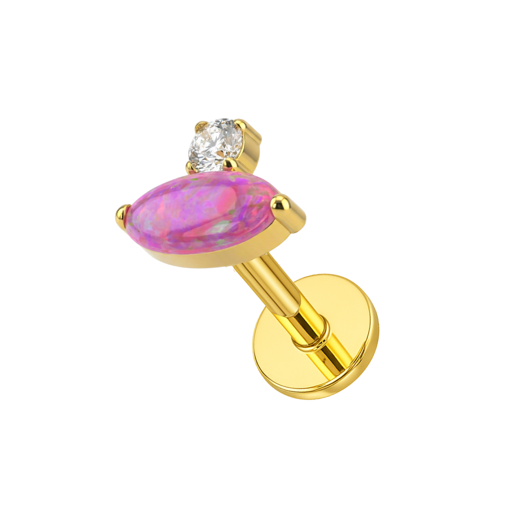 Oval Opal & CZ Threadless Stud — G23 Titanium in gold with pink opal and CZ accent, push-fit stud for cartilage or tragus piercings.