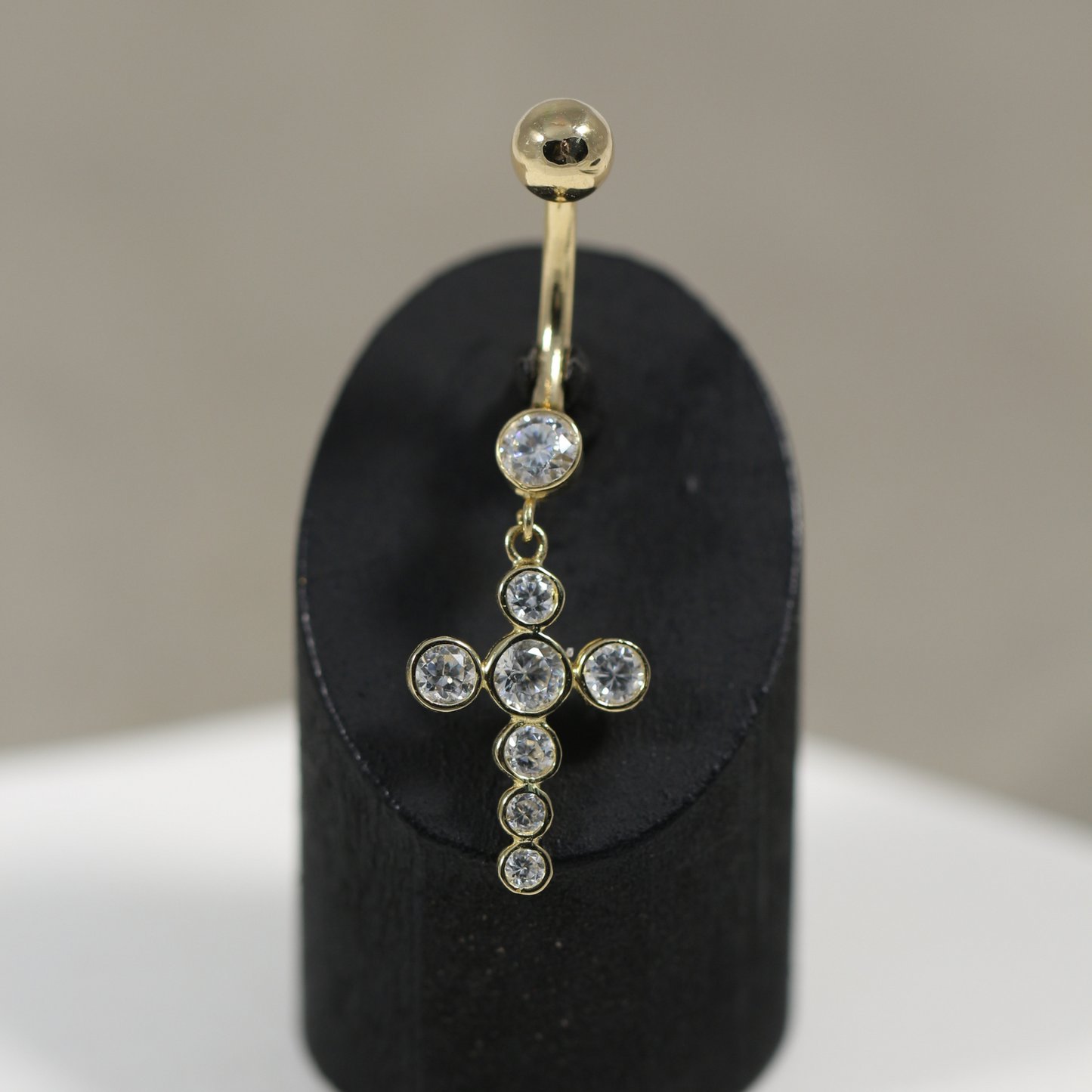 14K Gold Dangling Studded Cross Belly Ring