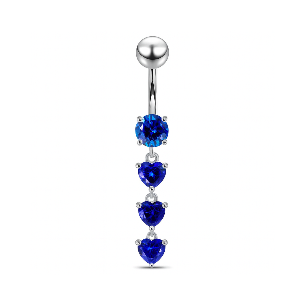 925 Sterling Silver Dangling Jewelled Hearts Navel Ring - Monster Piercing