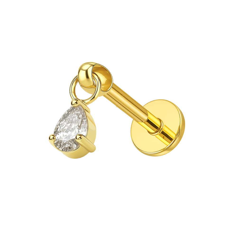 G23 Titanium Tri-Cut Crystal Drop in gold finish with threadless flatback design for cartilage or tragus piercings. Hypoallergenic and stylish sparkle.