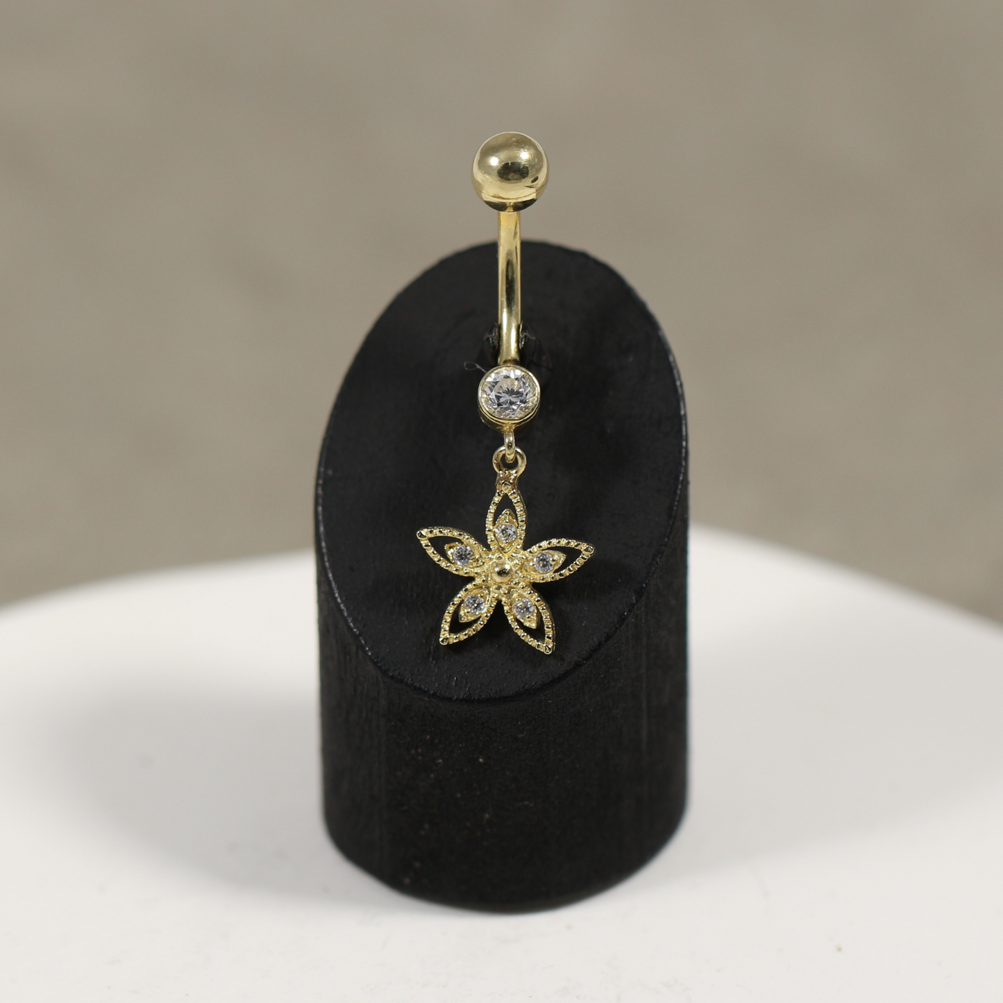14K Gold CZ Jewelled Flower Design Dangling Belly Ring - Monster Piercing