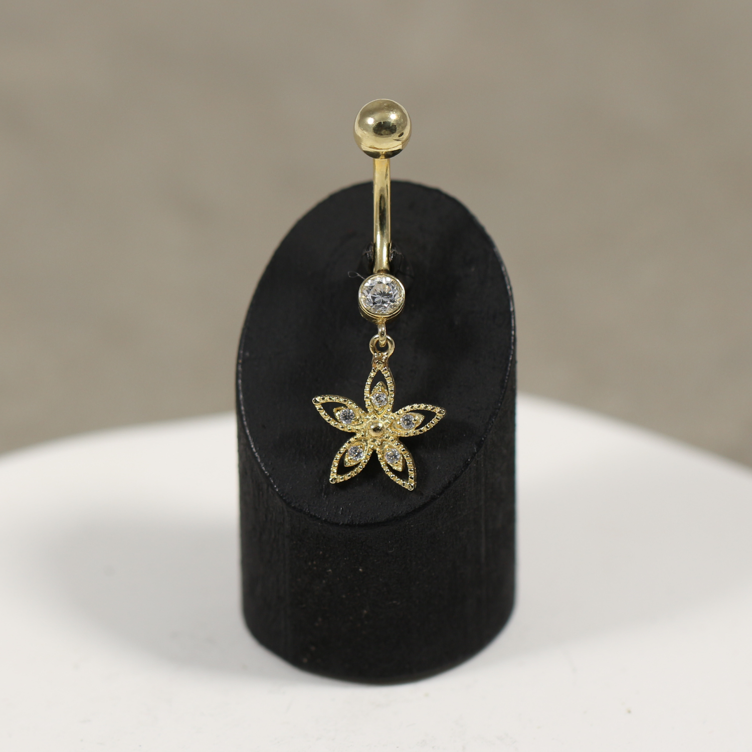 14K Gold CZ Jewelled Flower Design Dangling Belly Ring - Monster Piercing