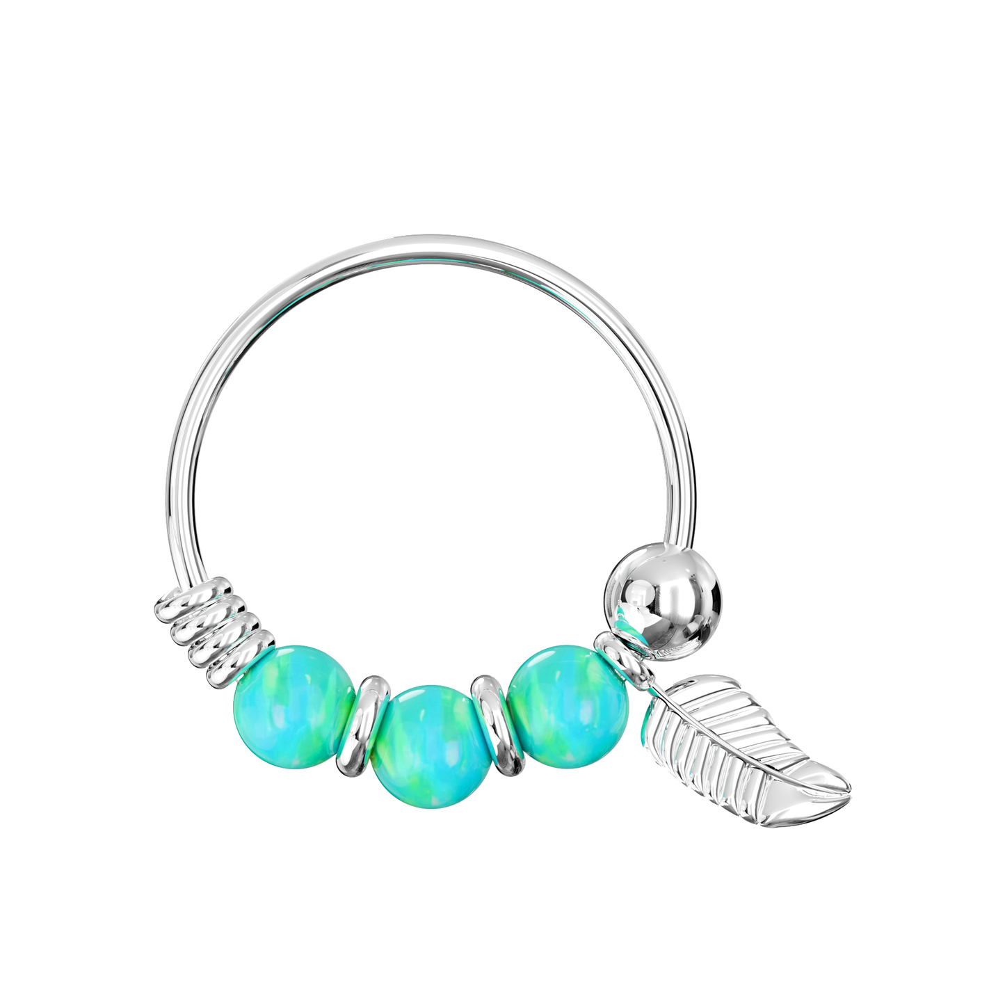 925 Sterling Silver Opal Bead with Leaf Charm Nose Hoop Ring - Monster Piercing