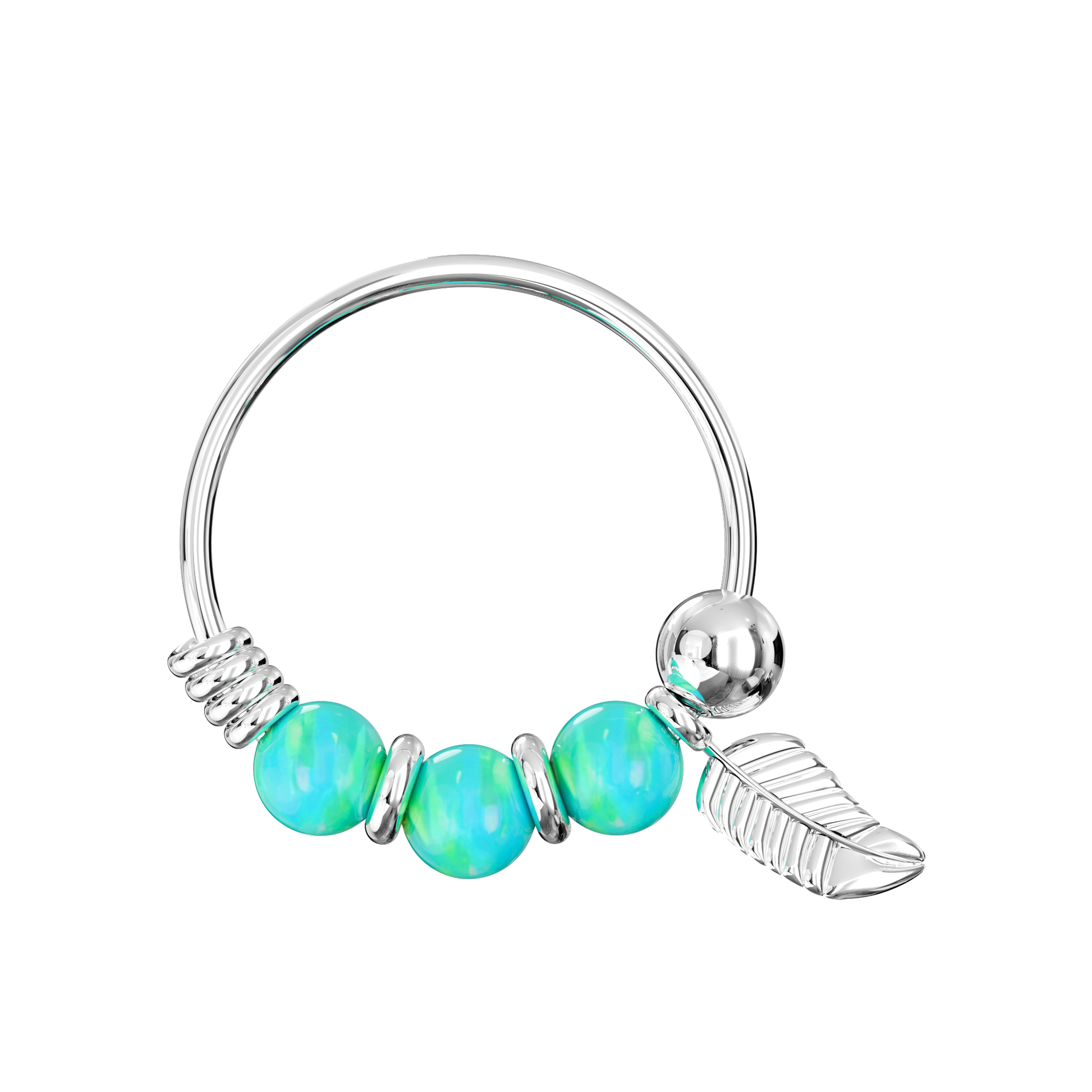 925 Sterling Silver Opal Bead with Leaf Charm Nose Hoop Ring - Monster Piercing