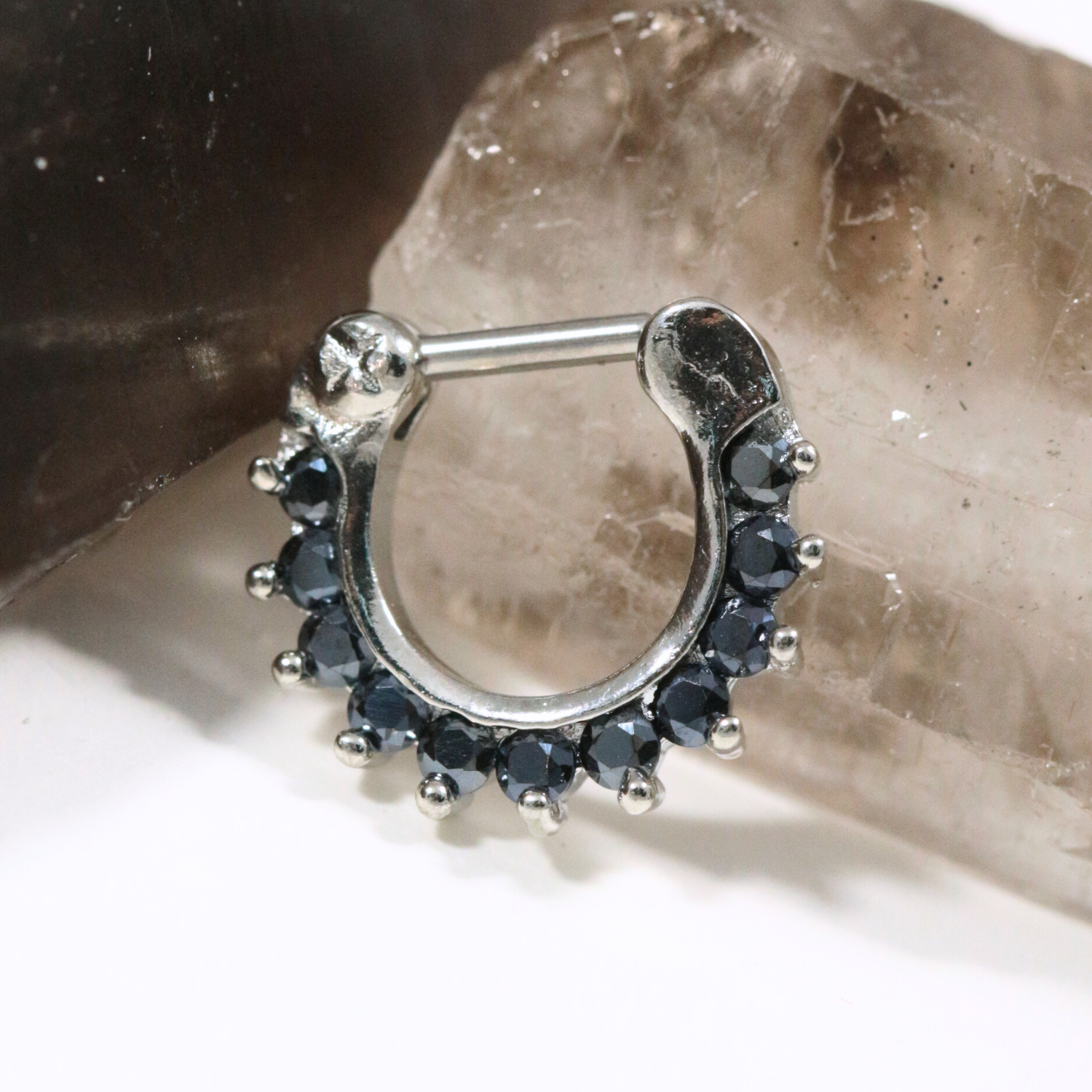 316L Surgical Steel Single Line Pronged Black CZs Septum Clicker - Monster Piercing