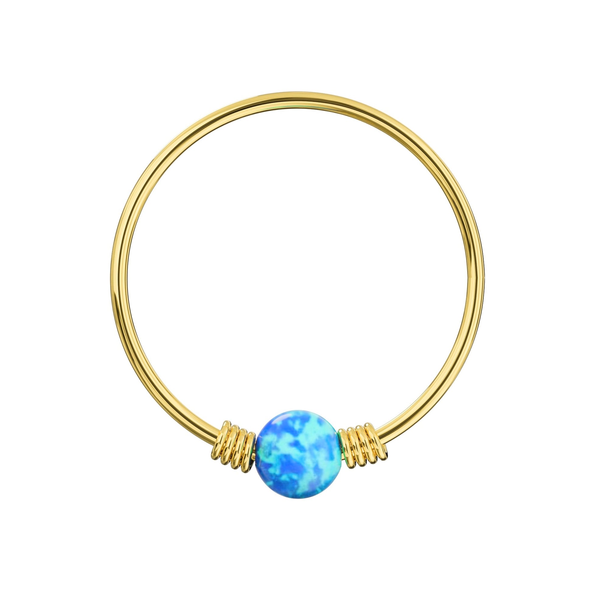 14K Yellow Gold Spring Coil-End with Opal Stone Hoop - Monster Piercing