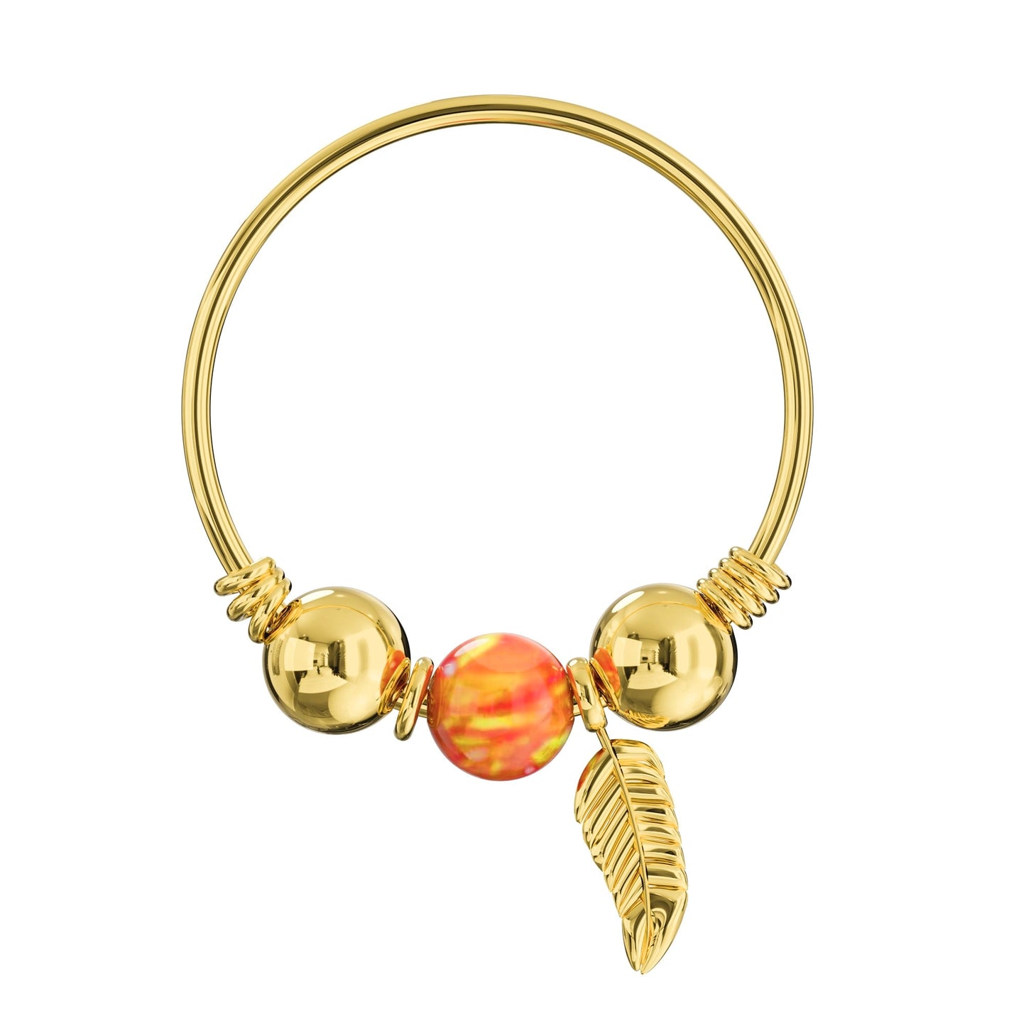 9K Gold Opal Bead and Leaf Charm Nose Hoop Ring - Monster Piercing