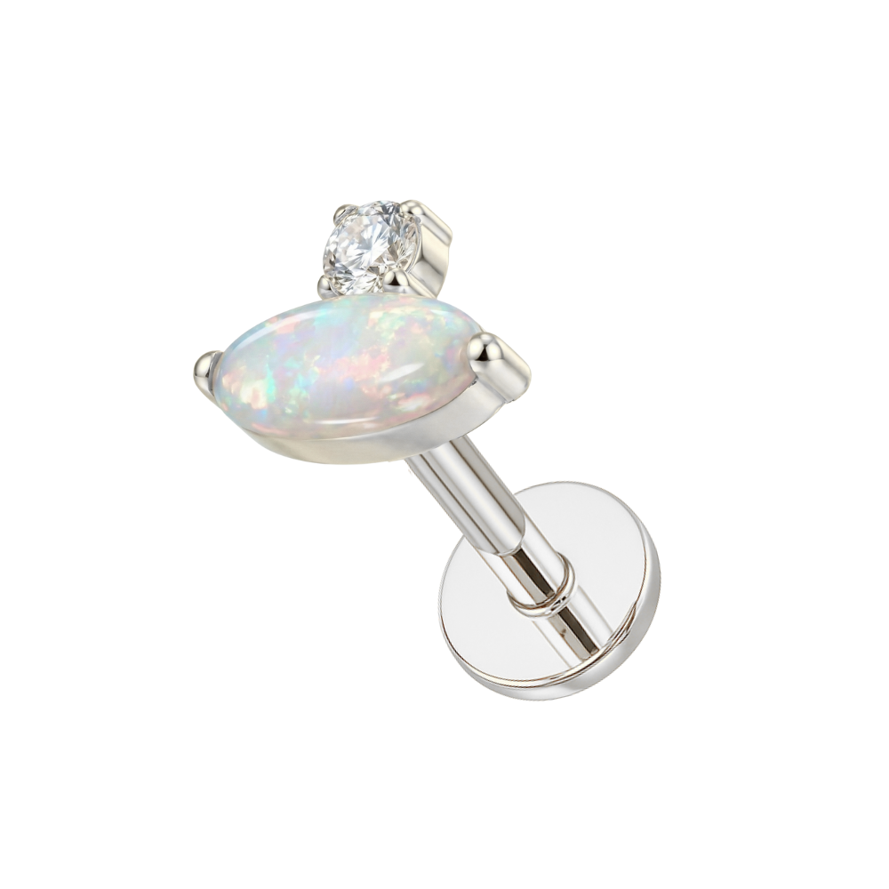 Oval Opal & CZ Threadless Stud — G23 Titanium in silver with white opal and CZ, elegant and hypoallergenic for body jewelry lovers.