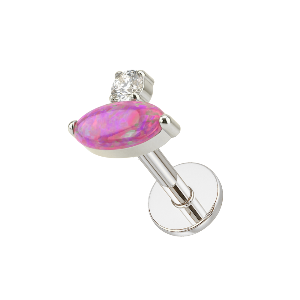 Oval Opal & CZ Threadless Stud — G23 Titanium in silver with pink opal and CZ gem, perfect for helix or labret jewelry styles.