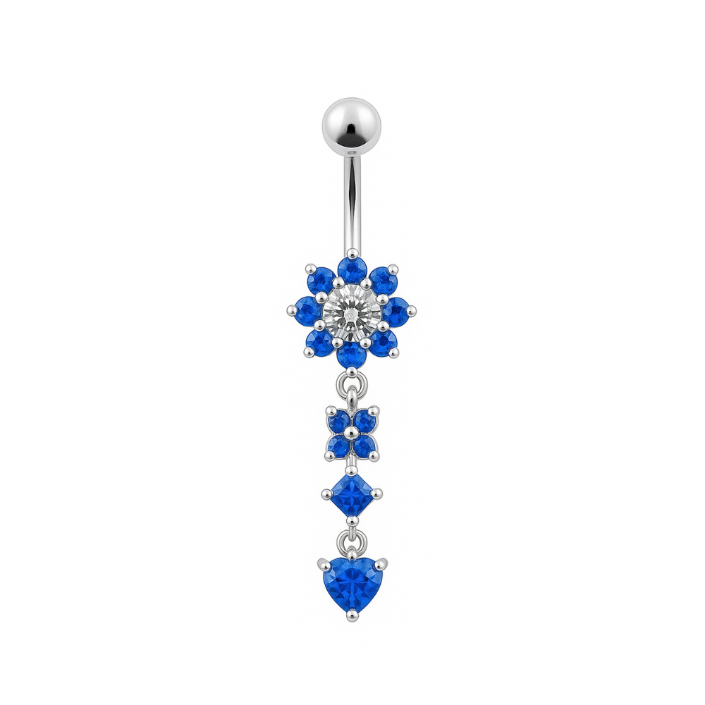 925 Sterling Silver Flower Jewelled Dangling 316L SS Curved Belly Ring - Monster Piercing