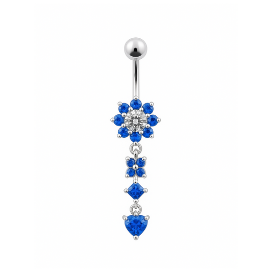 925 Sterling Silver Flower Jewelled Dangling 316L SS Curved Belly Ring - Monster Piercing