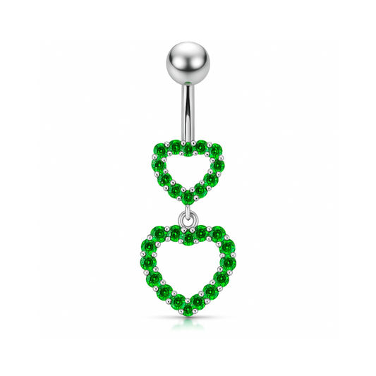 925 Sterling Silver Double Heart Dangling Belly Ring - Monster Piercing