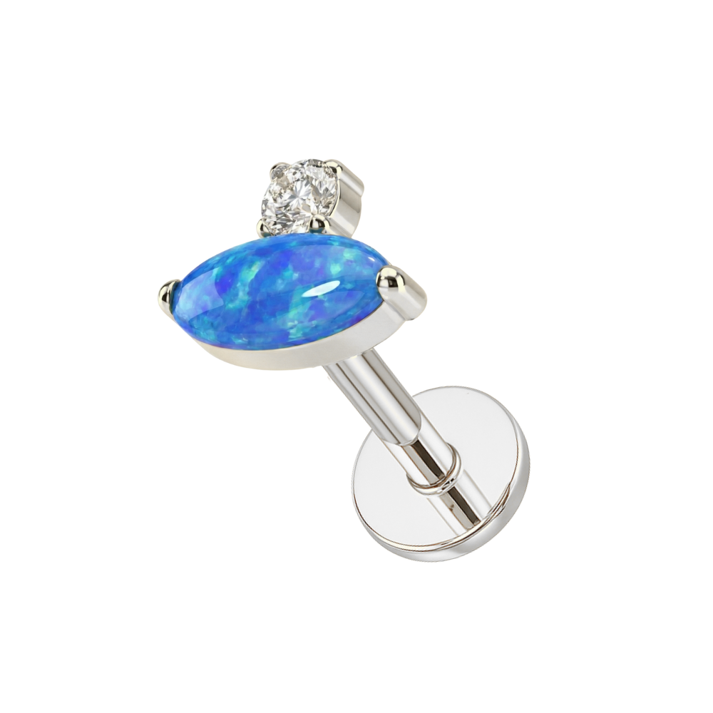 Oval Opal & CZ Threadless Stud — G23 Titanium in silver with vibrant blue opal and CZ stone, designed for flat back body jewelry.