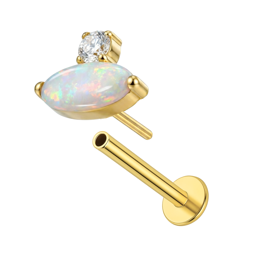 Oval Opal & CZ Threadless Stud — G23 Titanium in gold shown disassembled, highlighting push-fit mechanism and opal-CZ combo.