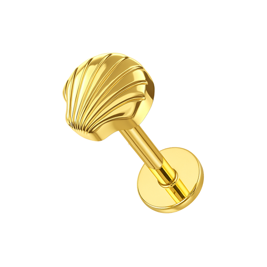 Seashell Elegance Flatback in gold G23 Titanium with threadless push-fit design for cartilage, tragus, or helix piercings. Hypoallergenic and chic.