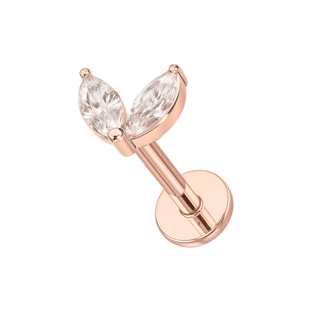 316L Surgical Steel Double Marquise CZ Jewelled Internally Threaded Flatback Stud
