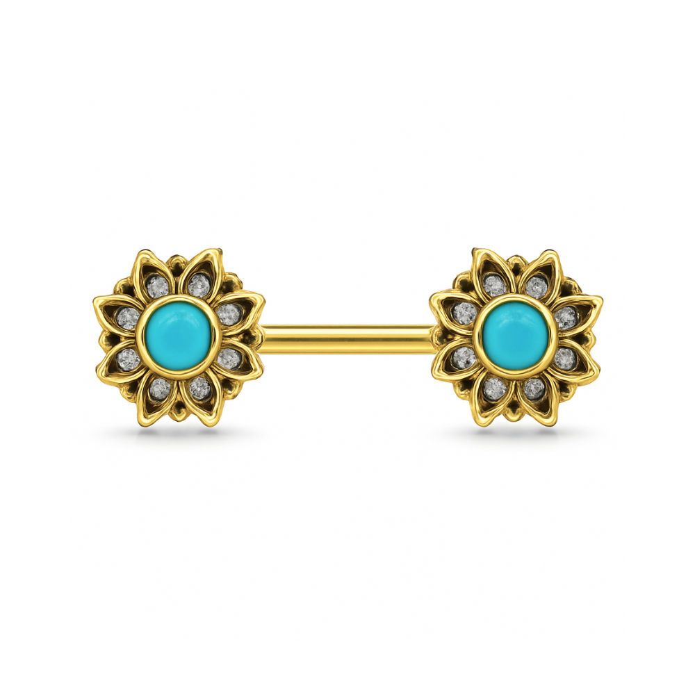 316L Surgical Steel Flower Jewelled Turquoise Bead Nipple Bar