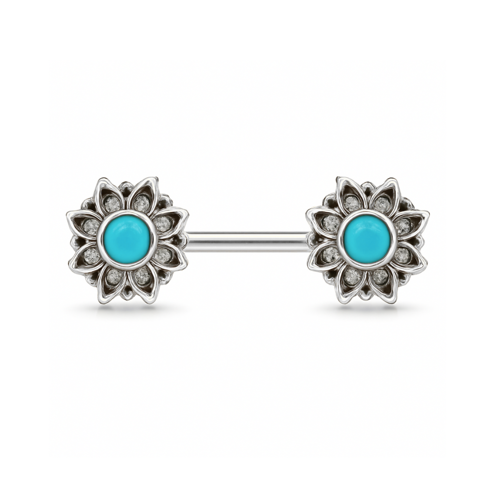 316L Surgical Steel Flower Jewelled Turquoise Bead Nipple Bar