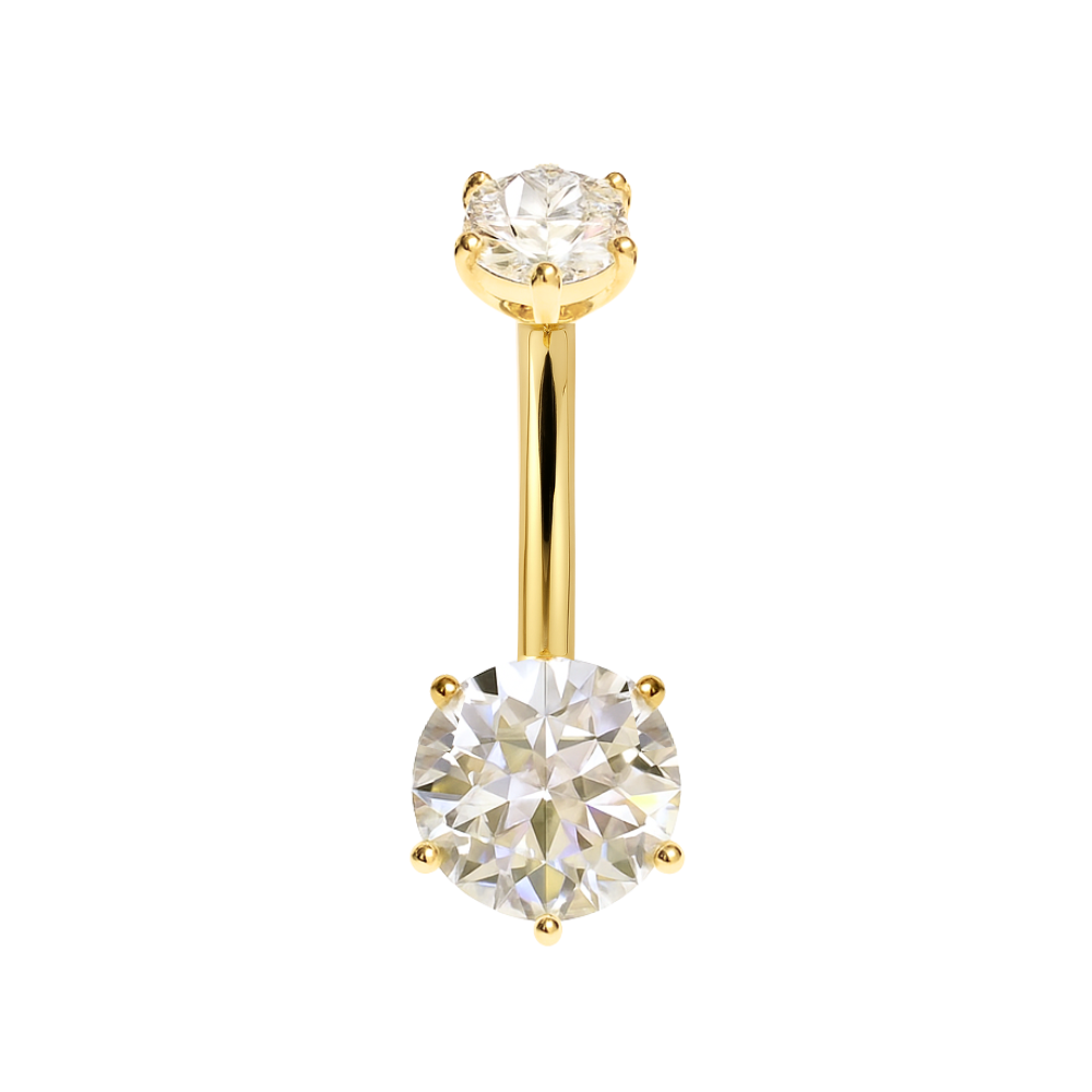 14K gold belly button ring with two clear CZ stones in prong setting, showcasing luxury navel bar design for elegant body jewelry styling.