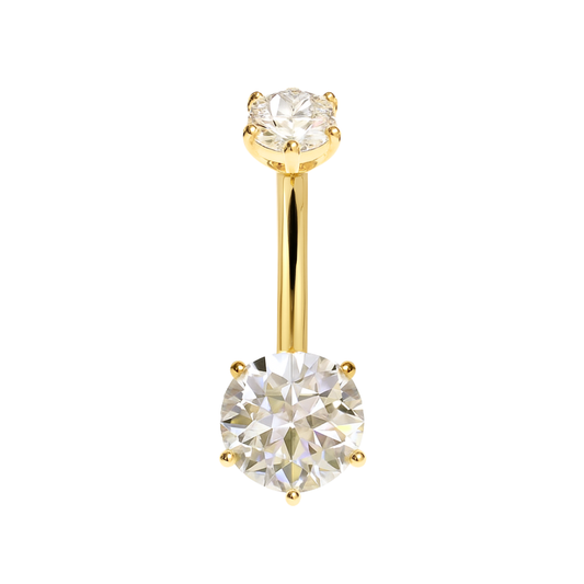 14K gold belly button ring with two clear CZ stones in prong setting, showcasing luxury navel bar design for elegant body jewelry styling.